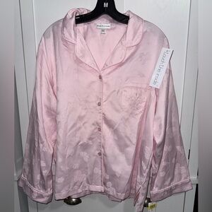 NWT Miss Elaine Pajama PJ Top Only Satin Pink XL Butterflies Roses Soft Inside